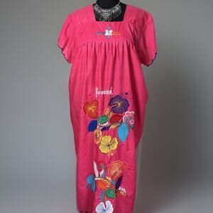 Vintage Panama Embroidered Caftan Dress Fuchsia Floral Muu Muu House Dress